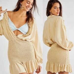 Free People Beach Mini Shirt Dress Summer Coastal Cottage Lagenlook Linen Large